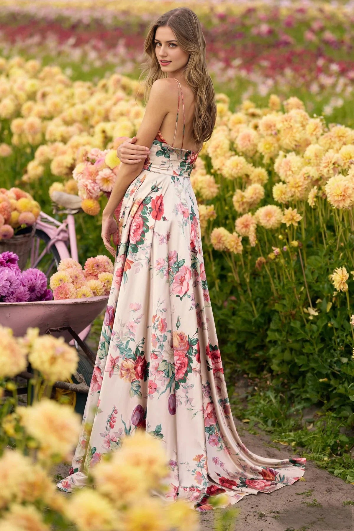 Robe Weitese élégante à fleurs, bretelles spaghetti, décolleté plongeant en V, corsage en satin imprimé et robe de bal à fente haute spectaculaire